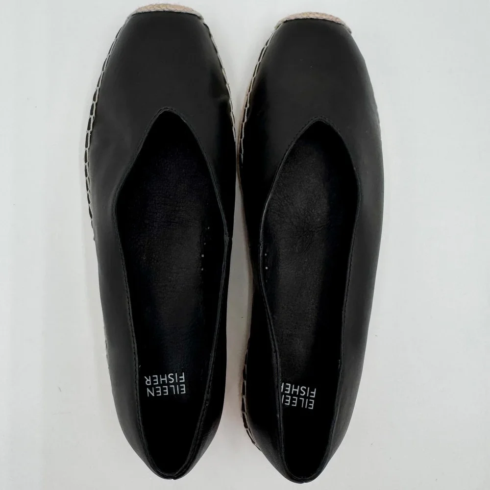 Eileen Fisher Espadrille Flats Leather Slip On Minimalist Women 9.5 Black Office